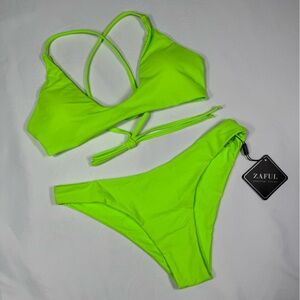 NWT ZAFUL Tie Back Padded High Cut Bralette Bikini set